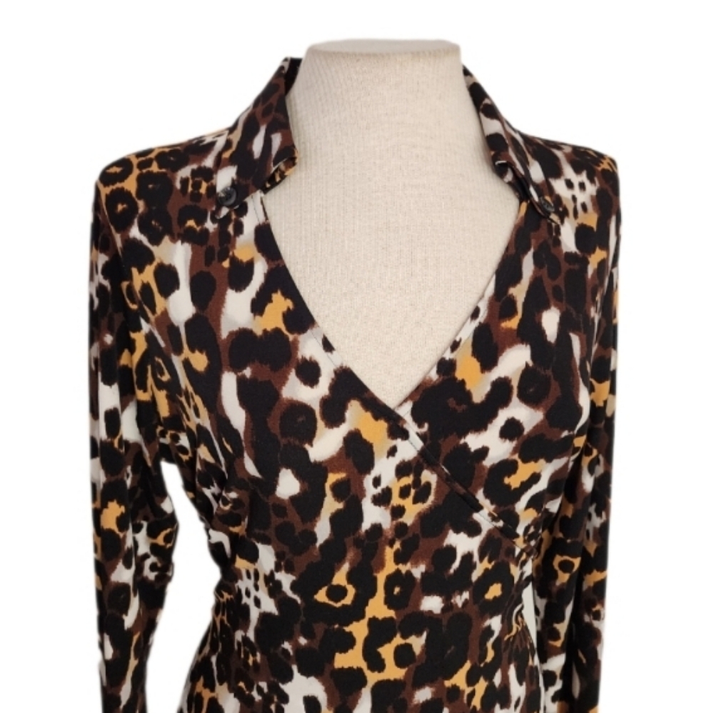 Dennis Basso Dress Leapard Print Faux Wrap Stretchy Long Sleeve V-Neck G… - Picture 9 of 12